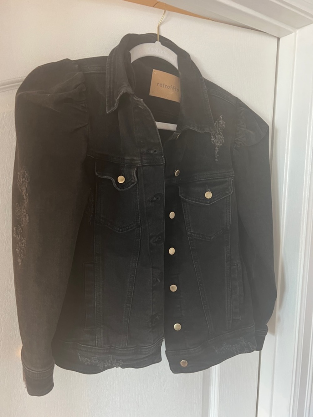 Retrofete Black Distressed ADA Denim Jacket with Puff Shoulders